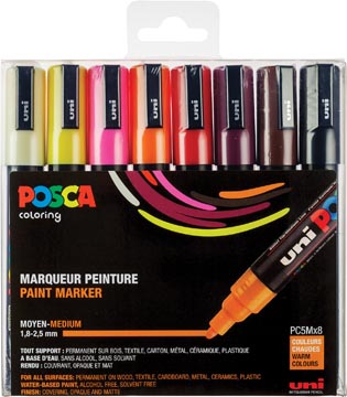 [PC5M/8A ASS15] Set Van 8 Markers Met Conische Punt Medium  - Ivoor - Zwart - Geel - Roze - Oranje - Rood - Droesem Van Wijn- Bruin