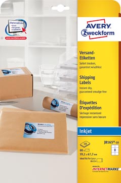 [J8165-10] Avery Witte Etiketten Quickdry Doos Van 10 Blad, Ft 99.1X67.7Mm (Bxh), 80St, 8 Per Blad