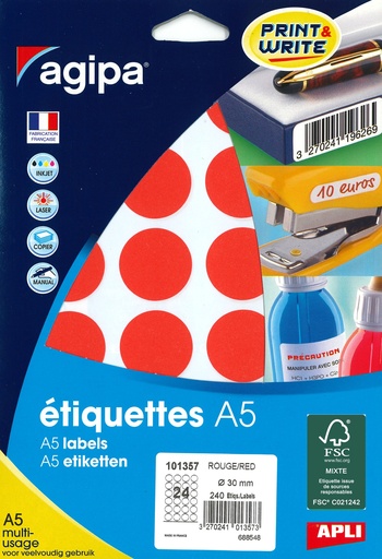 [101357] 240 ronde etiketten dia 30mm (rood)