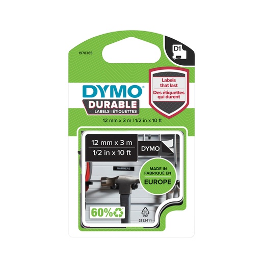 [1978365] Dymo Durable Vinyl Tape 12Mm (Wit/Zwart)
