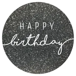 [972043] Etiketten ’Happy Birthday’ Glitter Antraciet/Wit (1000St)