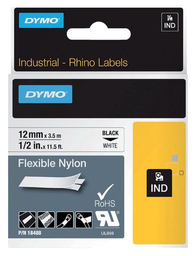 [18758] Dymo Rhino Tape Industrieel Nylon (12Mm, Zwart /Wit)