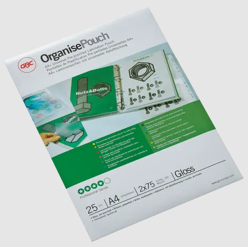[3747515] Gbc Organise Lamineerhoes Ft A4, 150 Micron (2 X 75 Micron), Geperforeerd, Pak Van 25 Stuks