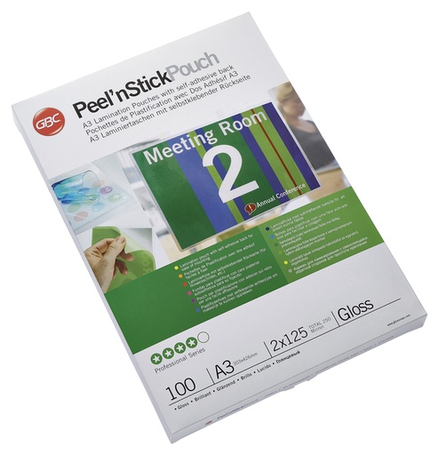 [3747236]  GBC Peel'nStick lamineerhoes ft A3, 250 micron (2 x 125 micron), zelfklevend, pak van 100 stuks