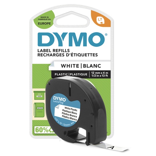 [91201] Dymo Letratag Tape 12 Mm, Plastic Wit