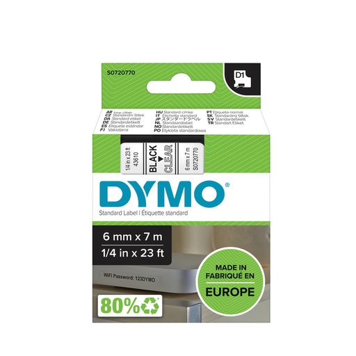 [43610] Dymo D1 Tape (6Mmx7M, Zwart/Transparant)