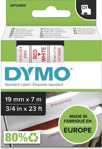 [45805] Dymo D1 Tape (19Mmx7M, Rood-Wit)