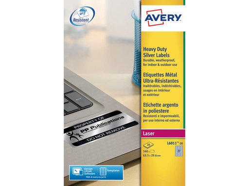 [L6011-20] Zweckform Avery ultra-sterke zilverkleurige etiketten formaat 635 x 296 mm (b x h) 540 stuks