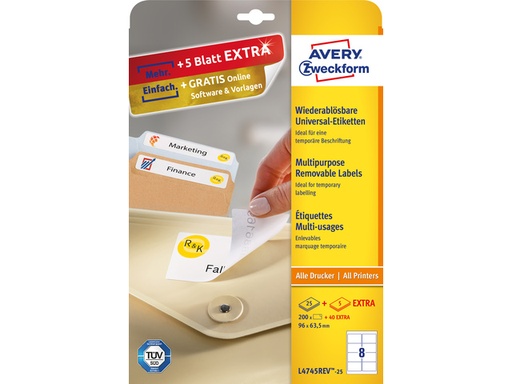 [PL4745REV-25] Zweckform Avery etiket L4745REV-25, 96x63.5mm verwijderbaar, wit 200stuks