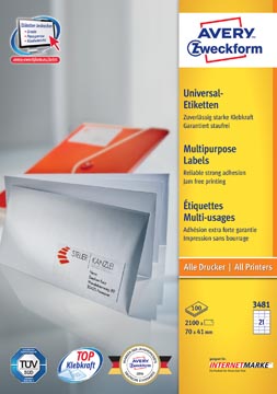 [P3481] Zweckform Avery Ilk, 70X41Mm, 2100St, Wit, Inkjet-Laser-Kopie