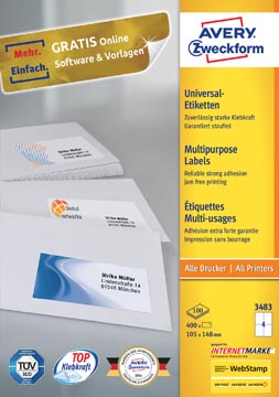[P3483] Zweckform Avery  3483, inkjet-laser-kopie etiketten, Ultragrip, wit, 400 st, 105 x 148 mm