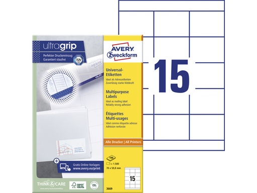 [P3669] Zweckform  Avery 3669 70x50.8mm, wit, 1500stuks, inkjet-laser-kopie