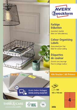 [P3456] Avery Gekleurde Universele Etiketten Ft 105 X 148 Mm (B X H), 400 Stuks, Rood