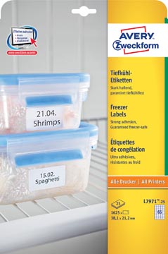 [L797125] Avery Diepvriesetiketten Ft 38,1 X 21,2 Mm (B X H), Wit, Doos Van 1625 Etiketten