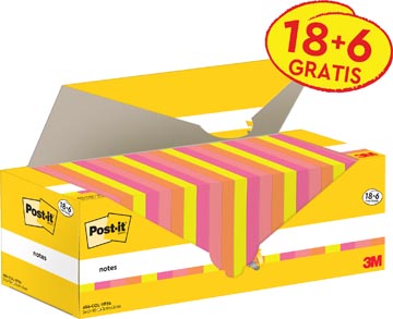 [654CLVP] Post-It Notes, 100 Vel, Ft 76 X 76 Mm, Assorti, 18 Blokken + 6 Gratis