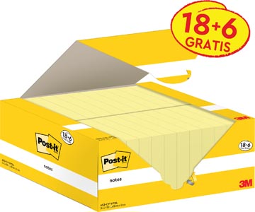[653CYVP] Post-It Notes, 100 Vel, Ft 38 X 51 Mm, Kanariegeel (Canary Yellow), 18 Blokken + 6 Gratis