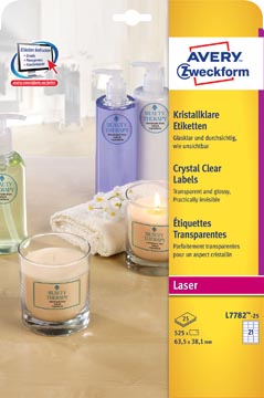 [L7782-25] Avery Transparante Crystal Clear Etiketten Ft 63,5 X 38,1 Mm, 525 Etiketten, 21 Per Vel