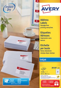 [J8160] Avery J8160-100 adresetiketten 63,5 x 38,1 mm (b x h), 2.100 etiketten, wit