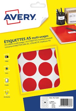 [PET30R] Avery Pet30R Ronde Markeringsetiketten, Diameter 30 Mm, Blister Van 240 Stuks, Rood