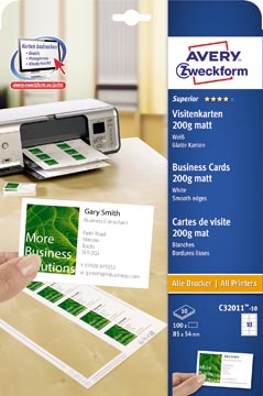 [C320111] Avery Visitekaarten 200 G/M², Ft 85 X 54 Mm (10 Per Blad), Doos Van 10 Blad, 100 Kaartjes