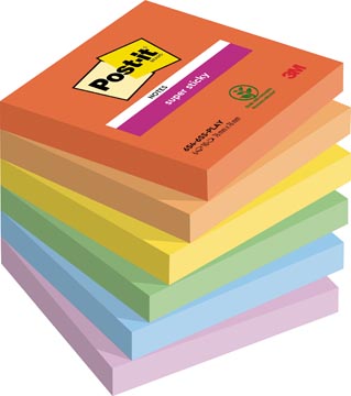 [654SSPL] post-it super sticky notes playful, 90 vel, ft 76 x 76 mm, geassorteerde kleuren, pak van 6 blokken