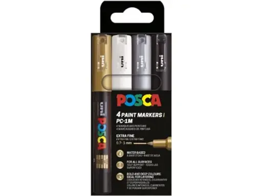 [PC1MC/4A PFASS09] Uni POSCA paintmarker PC-1MC, 0,7 - 1 mm, etui van 4 stuks, goud, zilver, wit en zwart