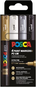 [PC1MC/4A PFASS09] Uni POSCA paintmarker PC-1MC, 0,7 - 1 mm, etui van 4 stuks, goud, zilver, wit en zwart