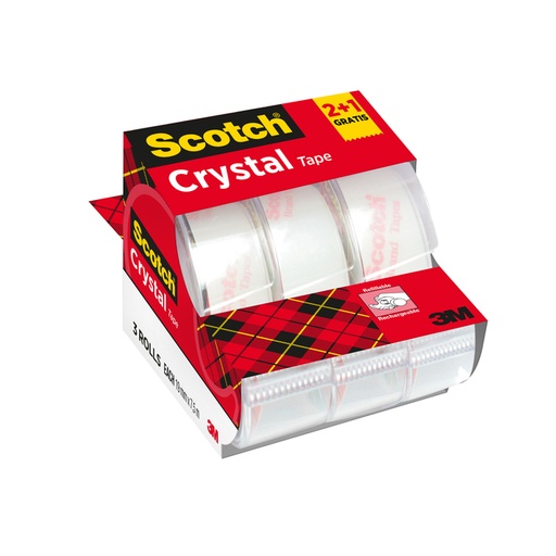 [61975C3] Plakband Scotch Crystal 600 19mmx7.5m transparant 2+1 gratis + handdispenser