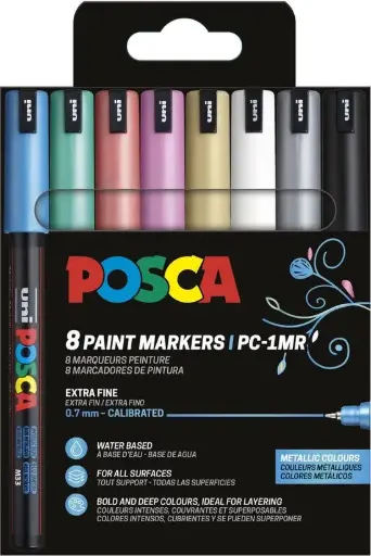 [PC1MR/8A PFASS19] Uni POSCA paintmarker PC-1MR, 0,7 mm, etui van 8 stuks in geassorteerde metallic kleuren