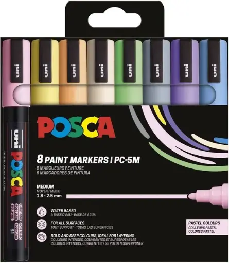 [PC5M/8A PFASS25] POSCA paintmarker , etui van 8 stuks in pastelkleuren, PC-5M, 1,8 - 2,5 mm