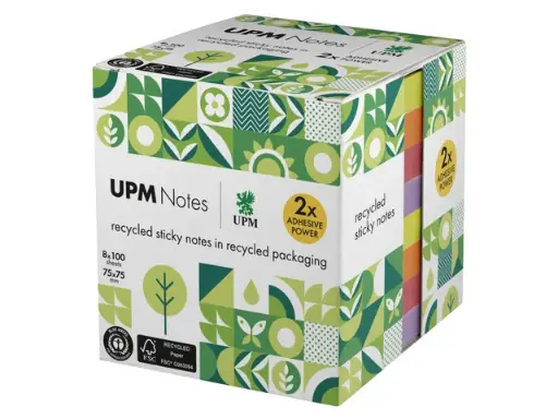 [IN-5654-97UR-8] sticky notes upm recycled 75x75mm assorti blok 100 vel, doos 8x blok